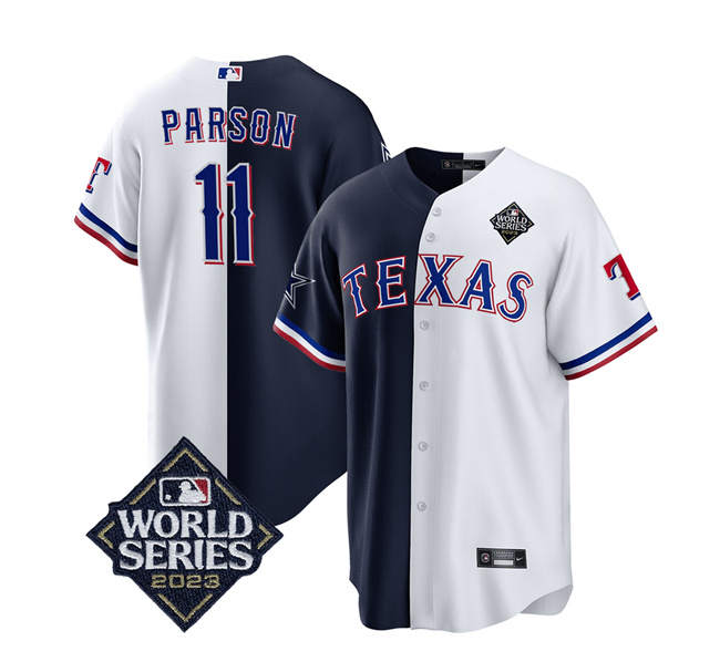 Men's Dallas Cowboys & Texas Rangers #11 Micah Parsons Navy/White Splite 2023 World Series Splite Stitched Baseball Jersey